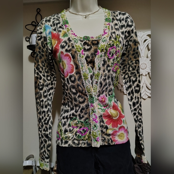 Charlotte Tarantola Silk Blend Beaded Cheetah Print Cardigan - Picture 3 of 9